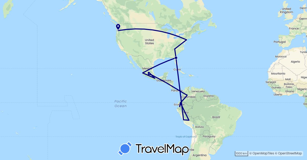 TravelMap itinerary: driving in Colombia, Ecuador, Mexico, Peru, United States (North America, South America)